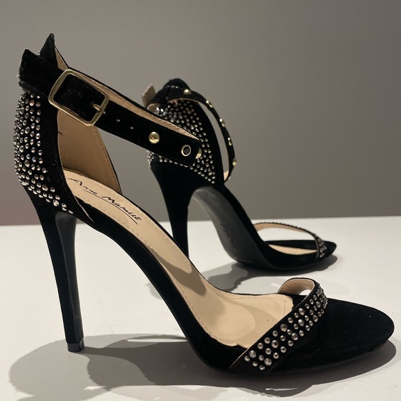 Black Vegan Suede Heeled Sandals with Rhinestone Detail - Picture 4 of 9
